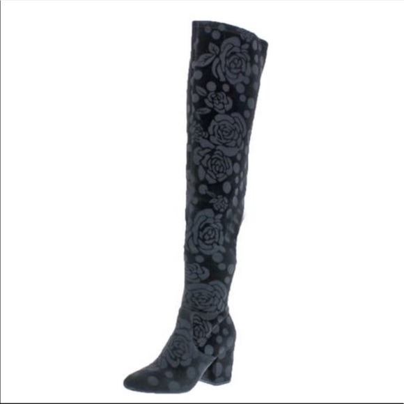 Moonlight Black Floral Velvet Over The Knee Boots - Picture 5 of 7
